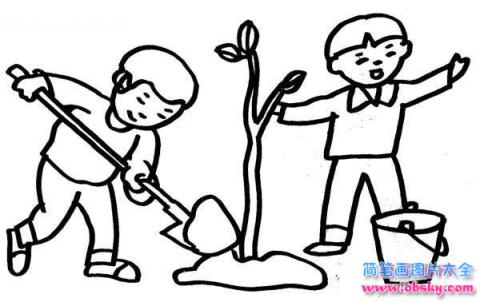 植树节人物场景简笔画图片：植树的小学生