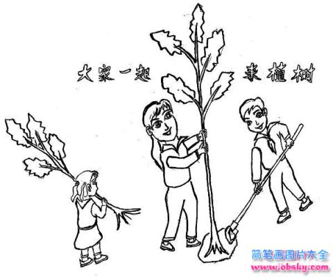 植树节简笔画图片：大家一起来植树
