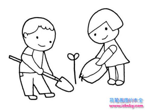 儿童植树节简笔画图片：浇水种树