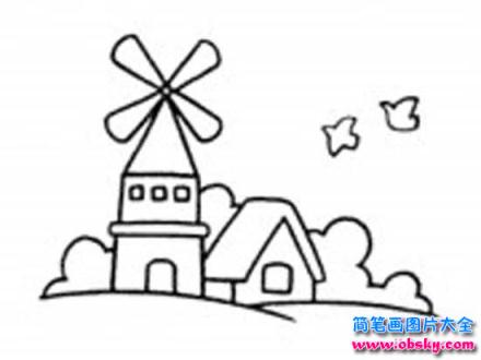 小学生风景简笔画:风车城堡