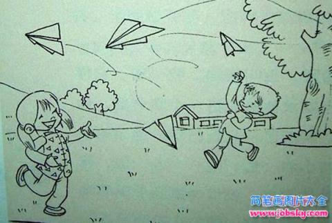快乐六一儿童节简笔画图片：玩纸飞机
