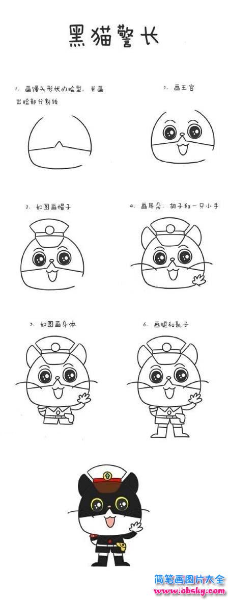小学生黑猫警长简笔画画法分解图:如何画黑猫警长