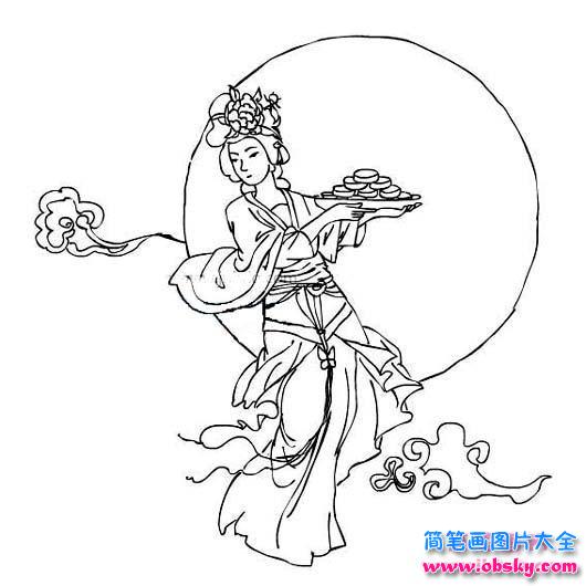 手绘中秋节简笔画图片大全:嫦娥送月饼