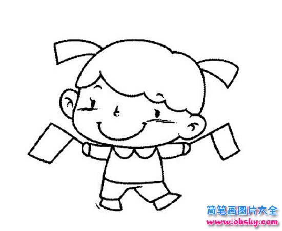 国庆节快乐简笔画大全:挥舞彩旗的小女孩
