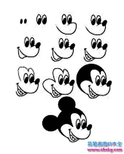 米老鼠头像简笔画画法分解图:如何画米老鼠头像