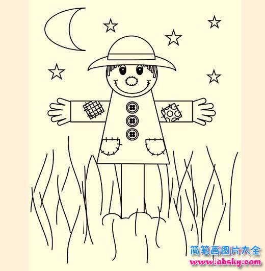 夜晚田间稻草人简笔画图片