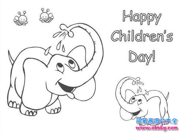 儿童可爱卡通六一简笔画图片大全：大象过六一