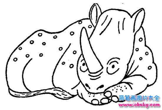 幼儿园犀牛简笔画图片：趴在地上的犀牛