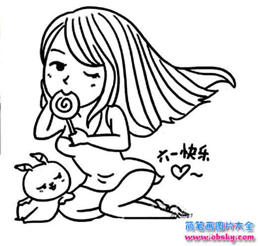 六一快乐简笔画图片:快乐的小女孩