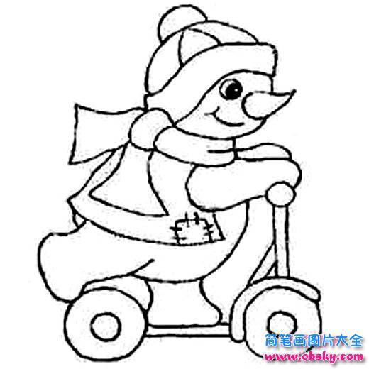 卡通可爱雪人简笔画：踩滑轮车的雪人