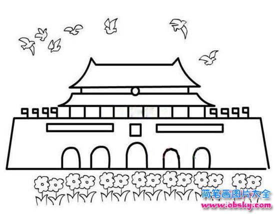 幼儿园国庆节简笔画图片：鲜花簇拥的天安门