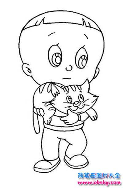 少儿抱小猫咪的大头儿子简笔画图片