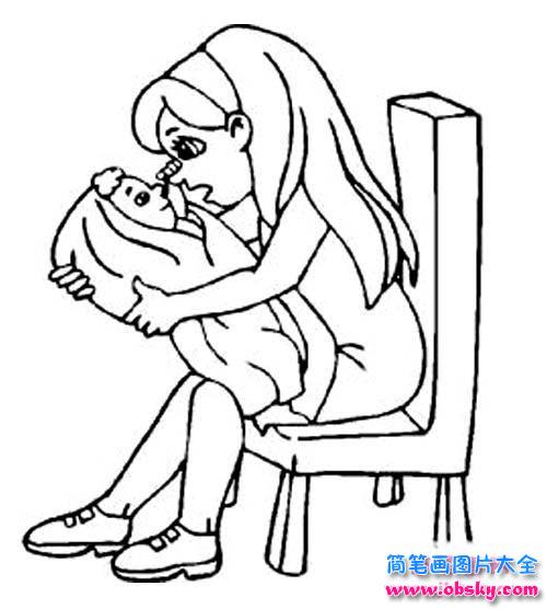 幼儿妈妈简笔画图片：抱着婴儿的妈妈