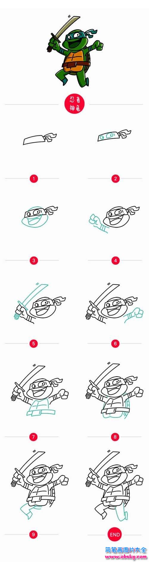 小学生忍者神龟简笔画教程步骤图大全：怎么画忍者神龟
