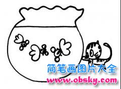 儿童简笔画：小猫戏鱼缸里的金鱼