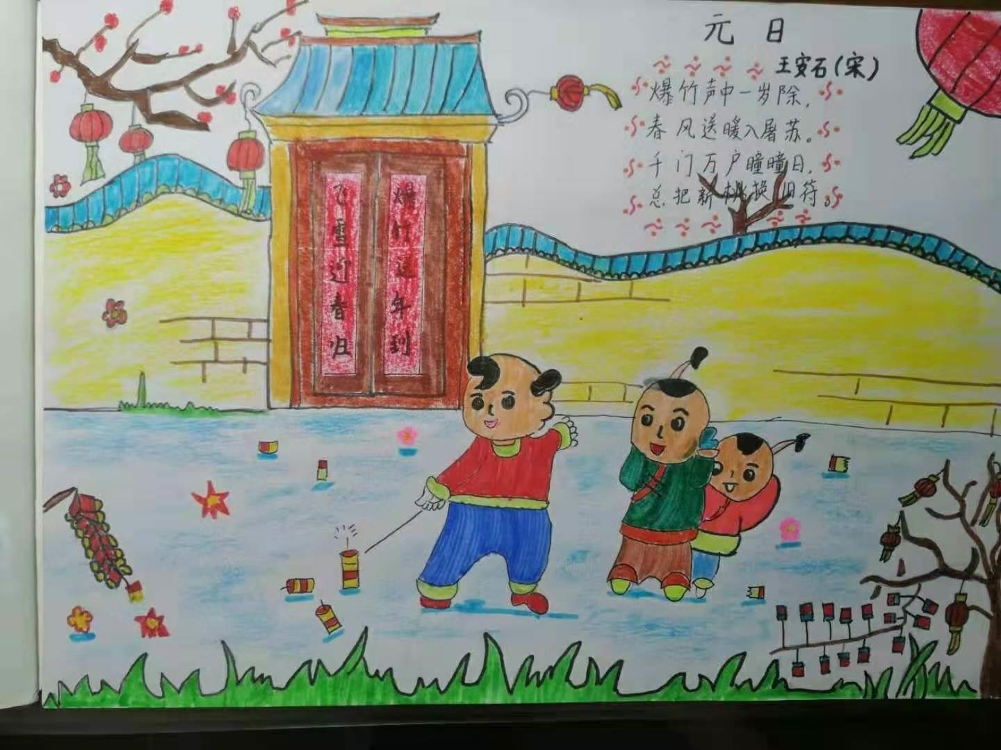 元日古诗配画简笔画 元日古诗配画简笔画简单