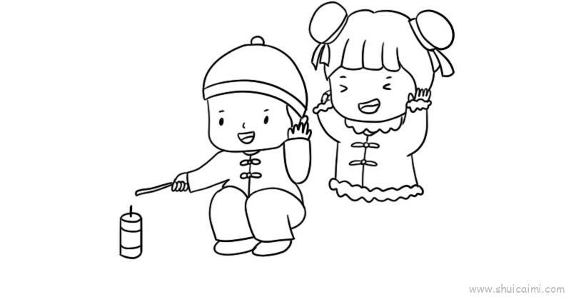 小孩放鞭炮儿童画怎么画 小孩放鞭炮简笔画图片大全
