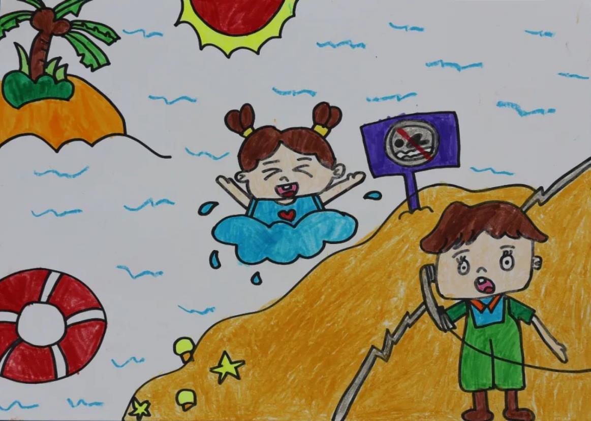 防溺水禁止下水游泳儿童简笔画作品