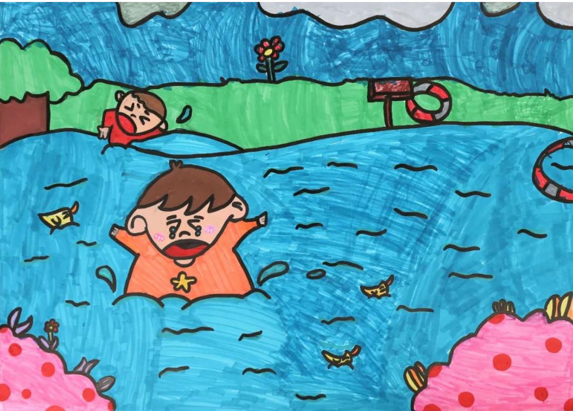 防溺水禁止下水游泳儿童简笔画作品