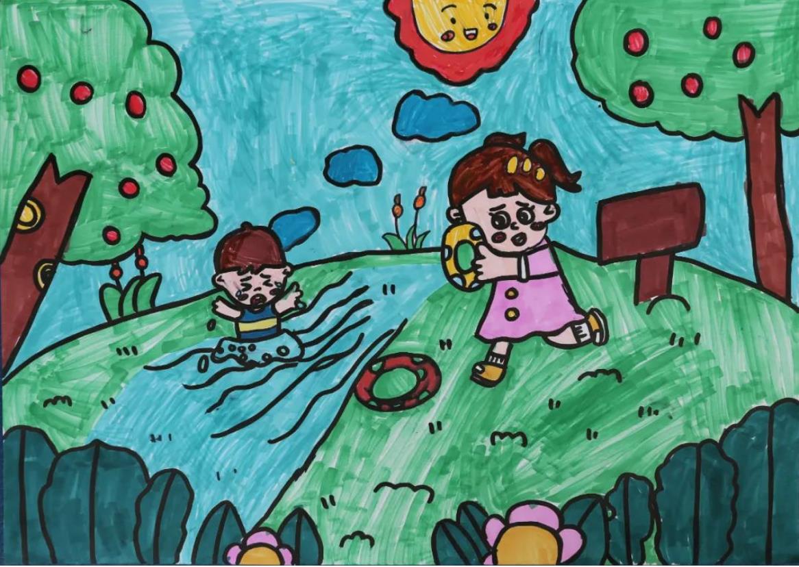 防溺水禁止下水游泳儿童简笔画作品