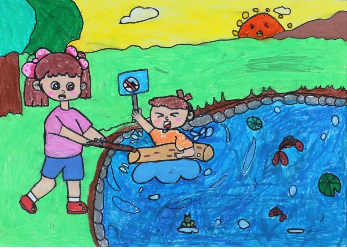 防溺水禁止下水游泳儿童简笔画作品