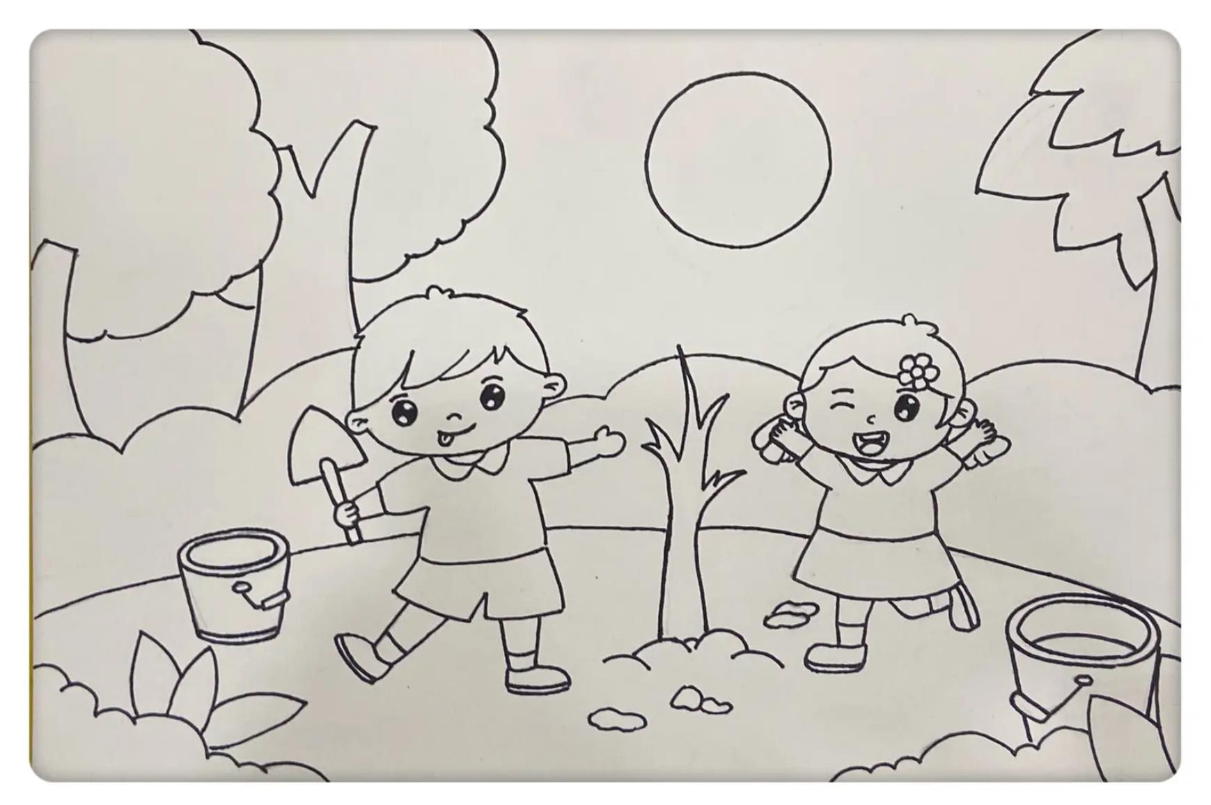 小学生植树简笔画四年级 植树小朋友的简单画法