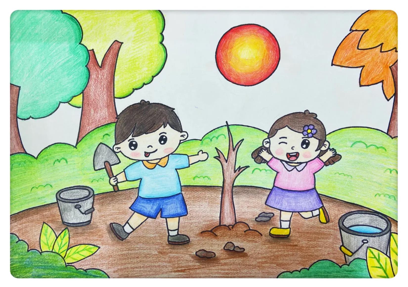 小学生植树简笔画四年级 植树小朋友的简单画法