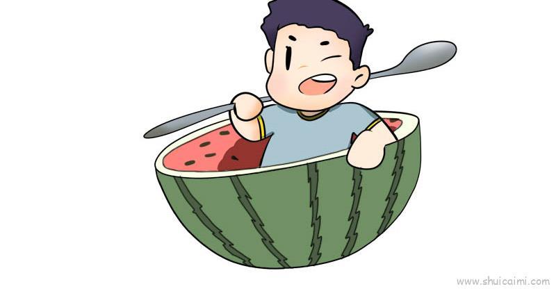 吃西瓜的男生创意简笔画绘画教程
