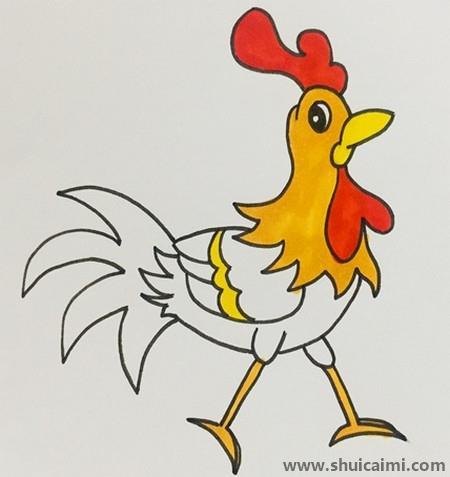 红冠大公鸡涂色简笔画教程