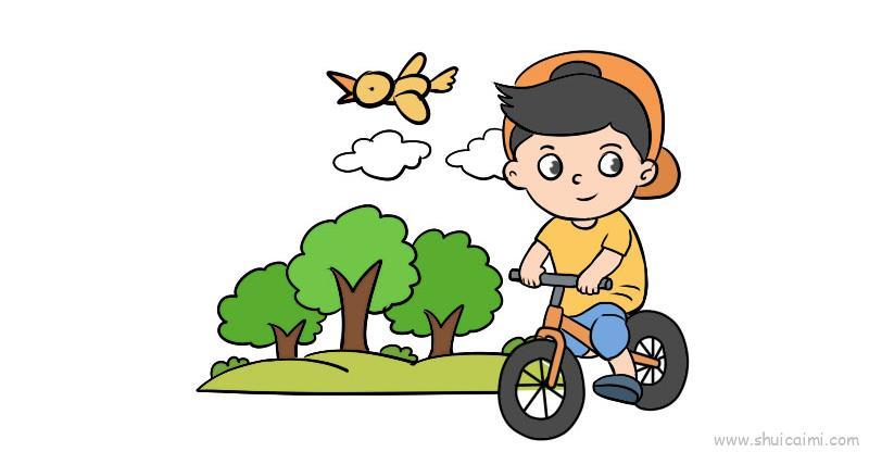 正在骑车的小男孩简笔画绘画教程