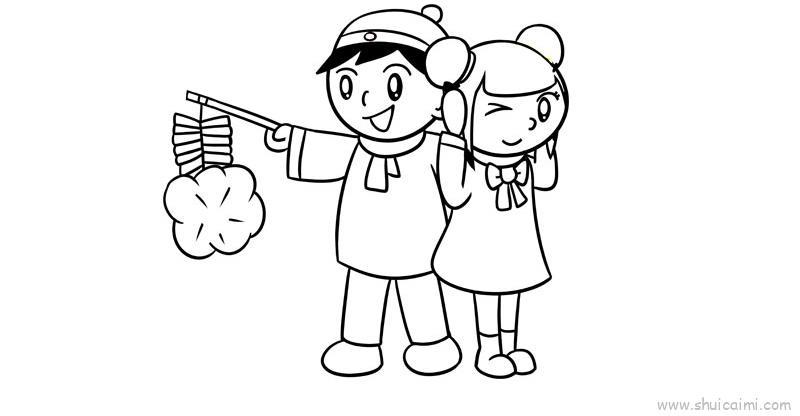 放鞭炮儿童画怎么画 放鞭炮简笔画图片