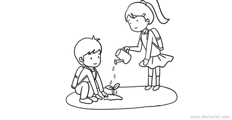 植树节小树苗浇水儿童画怎么画 植树节小树苗浇水简笔画简单
