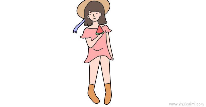 女孩吃瓜儿童画怎么画 女孩吃瓜简笔画步骤