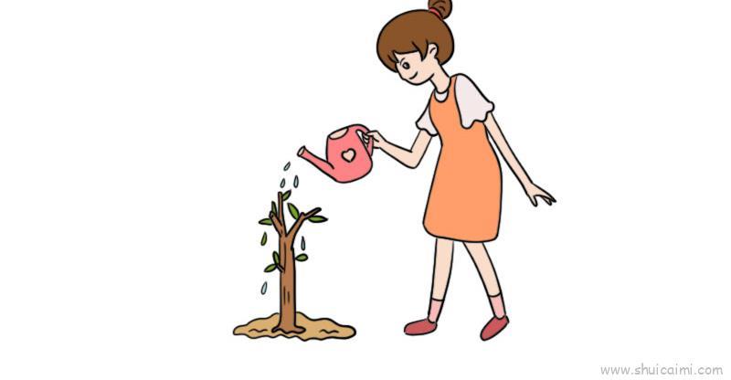 植树节小女孩浇水儿童画怎么画 植树节小女孩浇水简笔画顺序