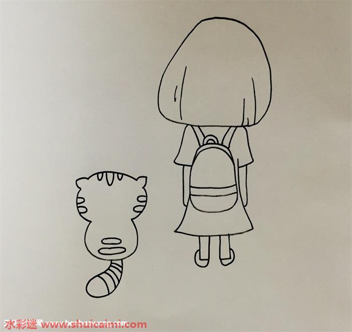 女孩和猫背影怎么画 女孩和猫背影简笔画步骤图
