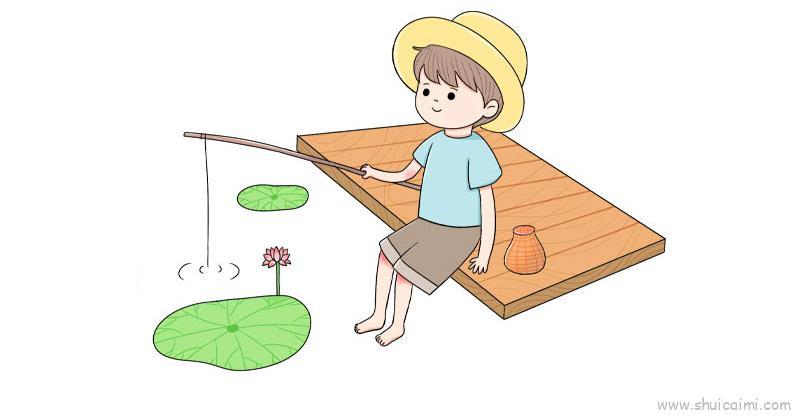 小男孩钓鱼儿童画怎么画 小男孩钓鱼简笔画图片