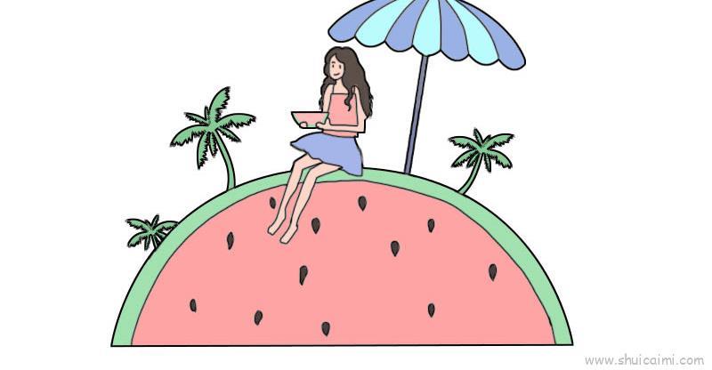 吃西瓜的女孩创意简笔画绘画教程