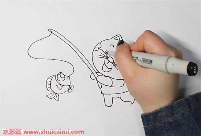小猫钓鱼怎么画 小猫钓鱼简笔画步骤