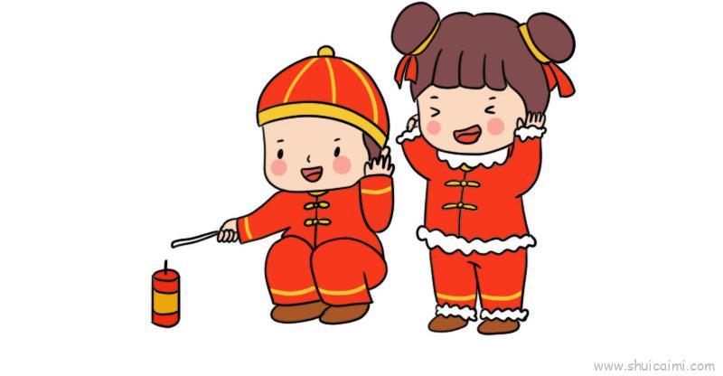 小孩放鞭炮儿童画怎么画 小孩放鞭炮简笔画图片大全