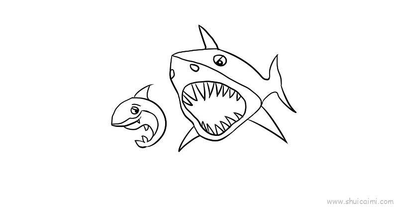 鲨鱼吃大白鲨儿童画怎么画 鲨鱼吃大白鲨简笔画图片大全
