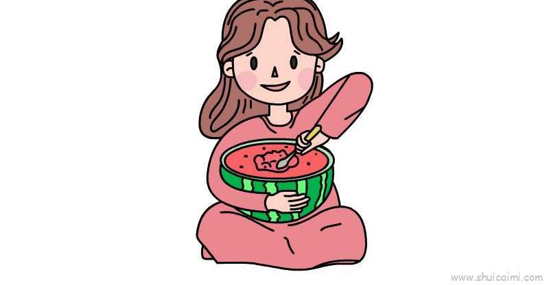 吃西瓜的女生卡通简笔画步骤教程