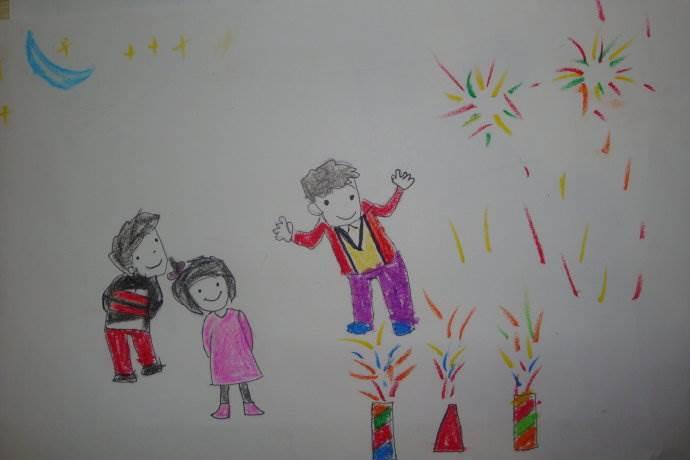 新年放烟花图片简笔画彩色 过年放烟花简笔画彩色