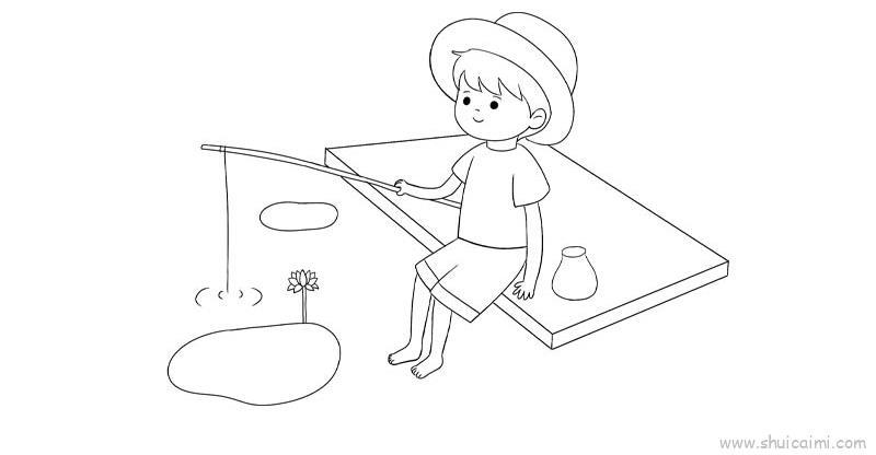 小男孩钓鱼儿童画怎么画 小男孩钓鱼简笔画图片