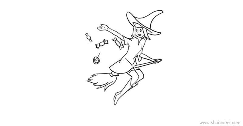 骑扫把女巫发糖果儿童画怎么画 骑扫把女巫发糖果简笔画简单