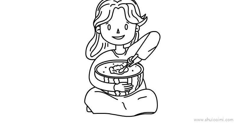 吃西瓜的女生卡通简笔画步骤教程