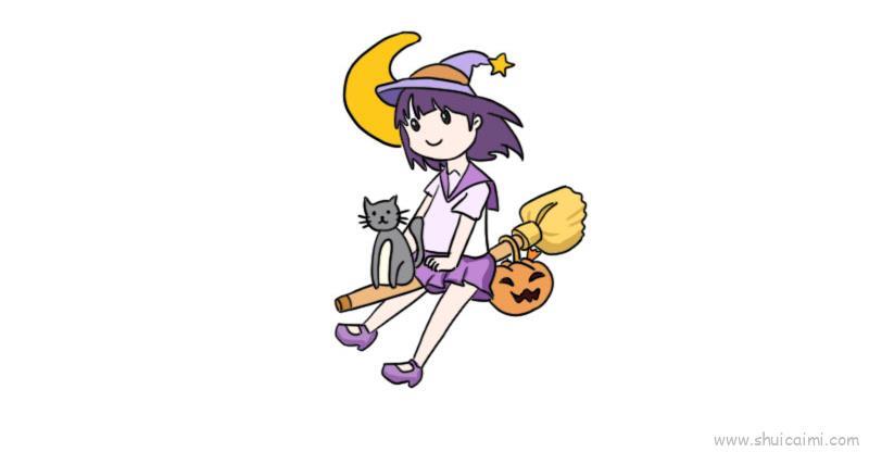 小巫女飞扫把儿童画怎么画 小巫女飞扫把简笔画顺序