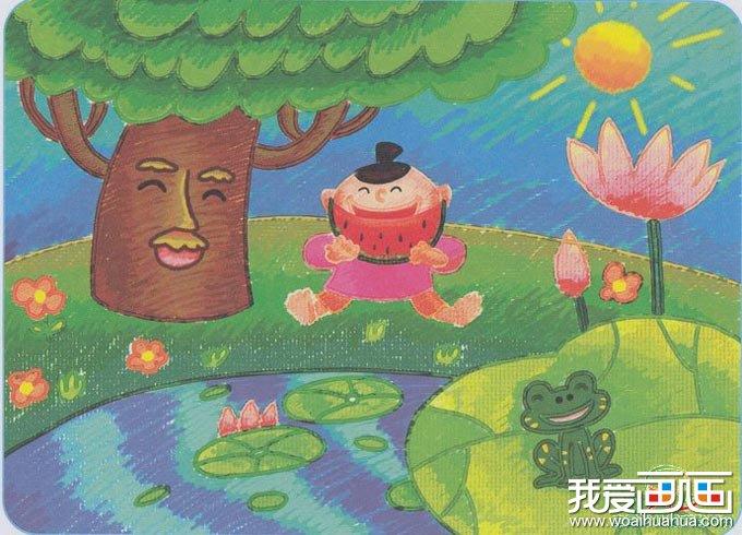 小河边的快乐交响曲 儿童画青蛙大树荷花和吃西瓜的小男孩简笔画怎么画 小河边的快乐交响曲 儿童画青蛙大树荷花和吃西瓜的小男孩简笔画顺序