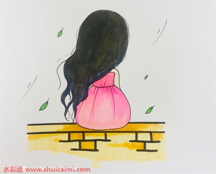 伤感女孩背影简笔画怎么画简单彩色