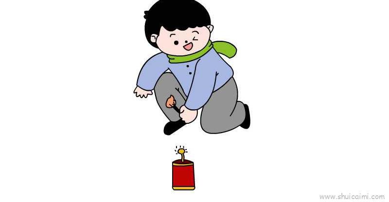 春节小孩放鞭炮儿童画怎么画 春节小孩放鞭炮简笔画简单