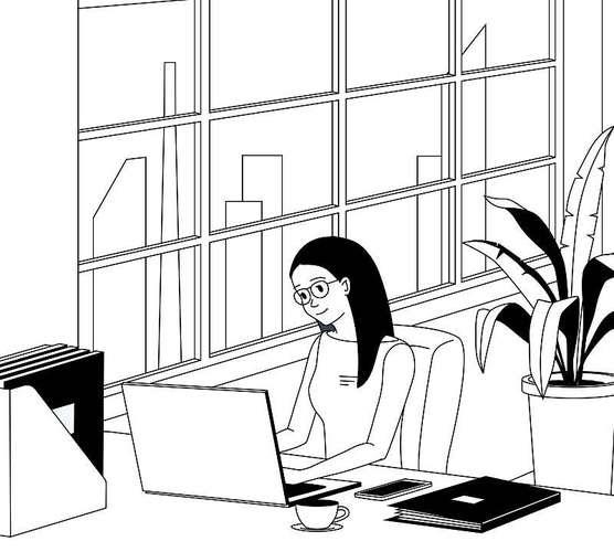 办公室女职员坐着操作笔记本电脑黑白矢量插画图片下载